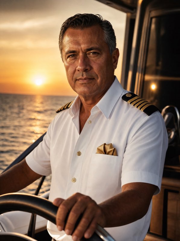 El capit&aacute;n de COPS al tim&oacute;n del yate al atardecer