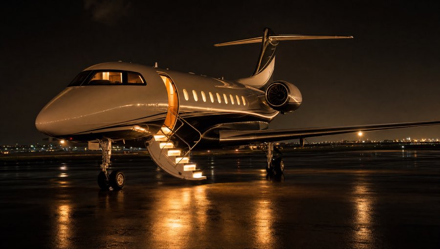 Jet privado en plataforma nocturna con escalerilla iluminada